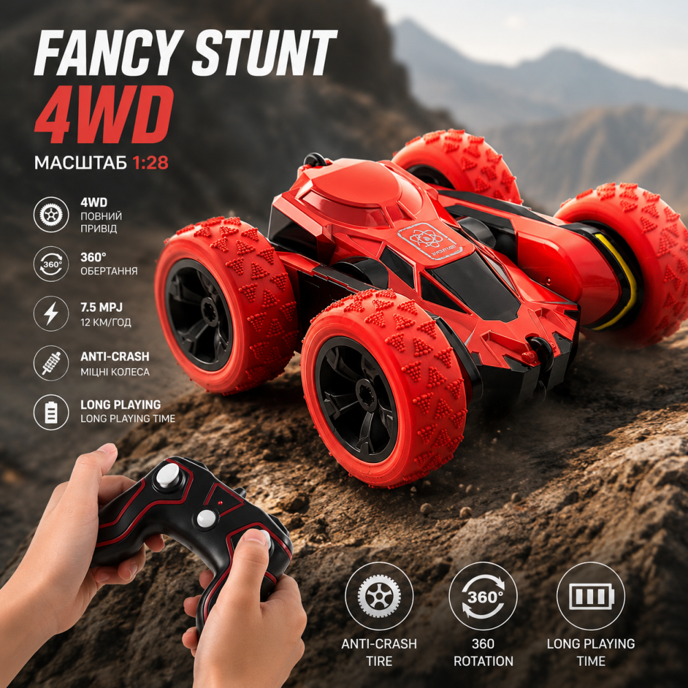 Трюкова машинка-перевертень Fancy Stunt 4WD: Радіокерований автомобіль 360°, Червоний (Масштаб 1:28) Київ - фото 6