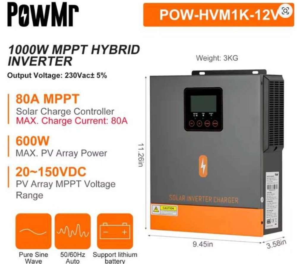 Гибридный инвертор PowMr 12V 1000 Вт 220 В, ток заряда 80А, MPPT. Харьков - изображение 3