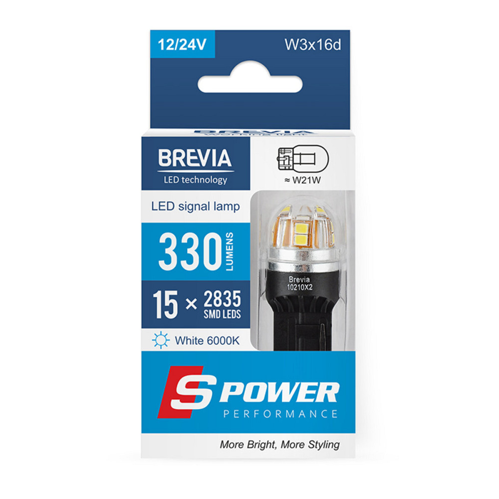 LED автолампа Brevia S-Power W21W 330Lm 15x2835SMD 12/24V CANbus, 2шт Київ - фото 1
