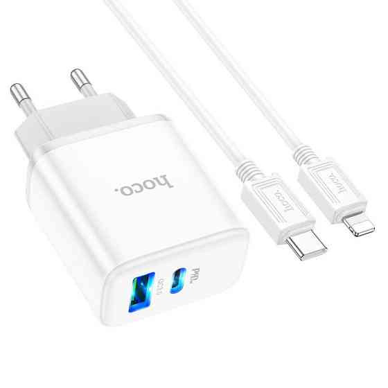 Мережевий зарядний пристрій з кабелем HOCO C105A Stage dual port PD20W+QC3.0 charger set (C to iP)(EU) White Одеса