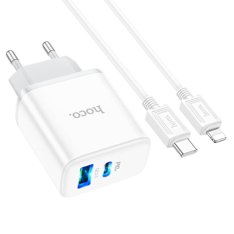 Сетевое зарядное устройство с кабелем HOCO C105A Stage dual port PD20W+QC3.0 charger set (C to iP)(EU) White Одесса - изображение 5