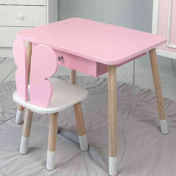 Стіл прямокутний з ящиком для речей 46х60х45 і стілець метелик 26х26х24, столик та стільчик в дитячу, рожевий з білим Київ