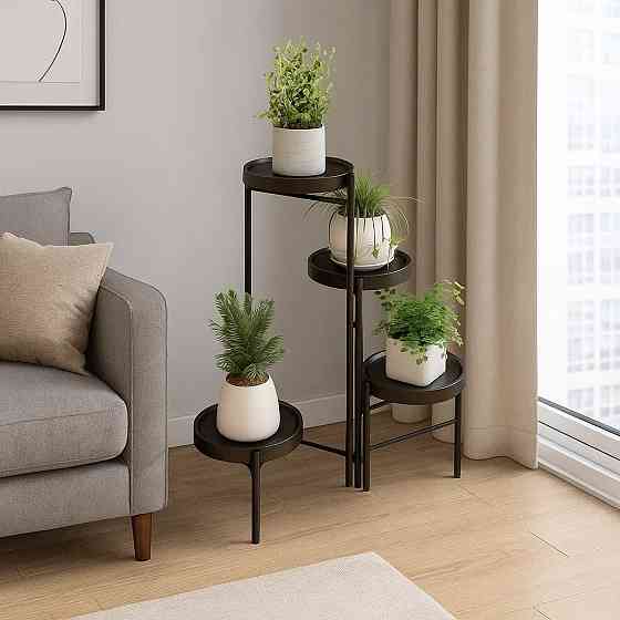 Стеллаж для горшков с цветами и растениями полками пластиковыми на 4 яруса цвет черный Каменец-Подольский