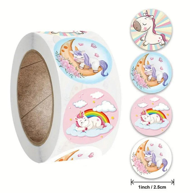 Наклейки "Єдинороги" на рулоні, 500 шт | 4 дизайни, Ø 2.5 см, самоклеючі стікери Київ - фото 1
