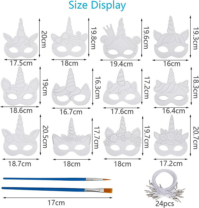 Набір масок єдинорога 24 шт паперові для розмальовки рожевий різнобарвний з пензлем і резинками креативний набір для дітей Київ - фото 6