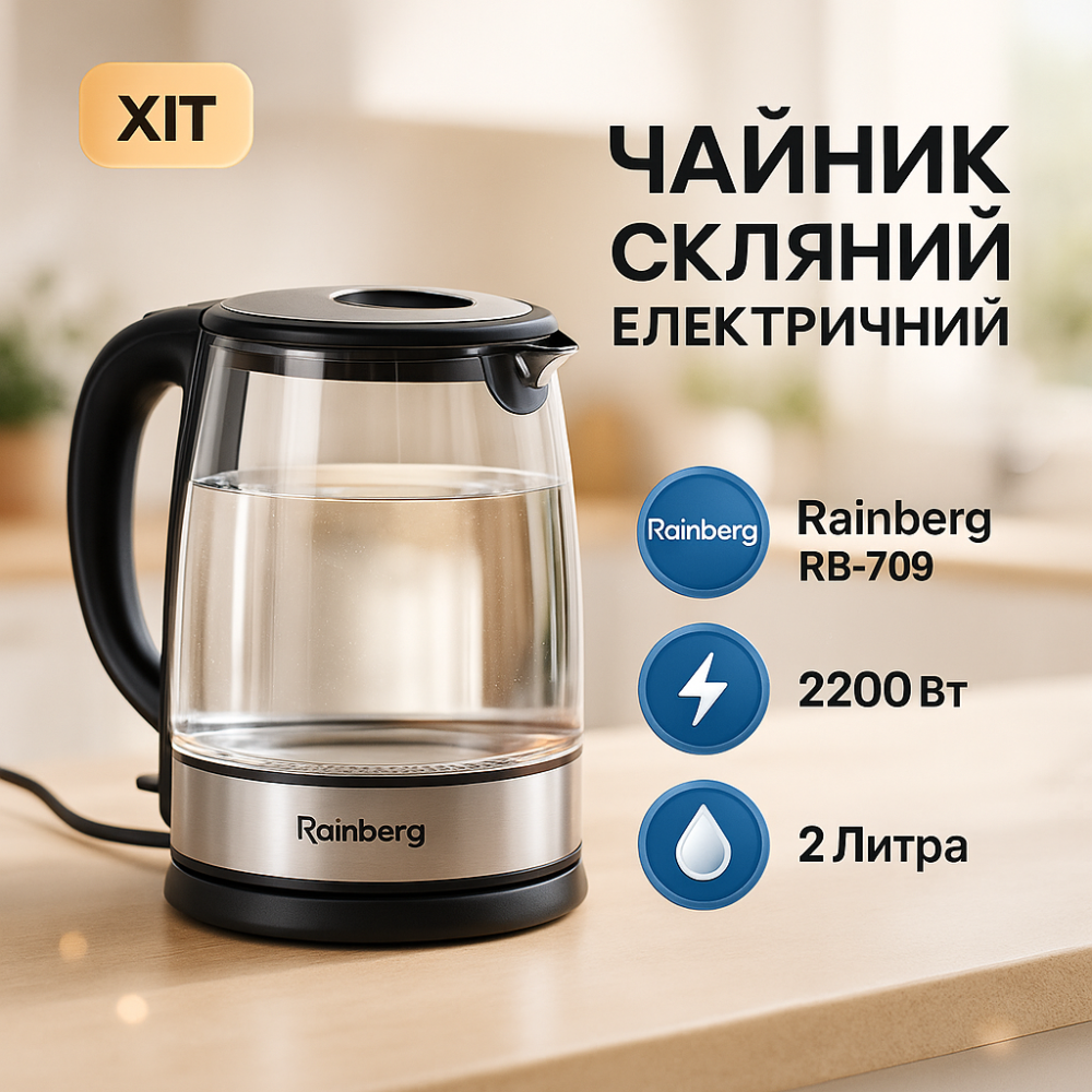 Надійний скляний електрочайник з підсвічуванням Rainberg RB-709 2Л 2200Вт, Гарний електрочайник BX-89 Львів - фото 14