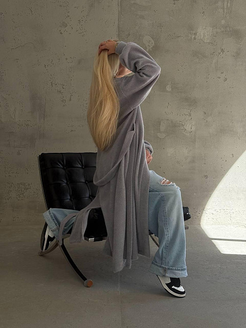 Жіночий затишний оверсайз кардиган із поясом альпака Сірий Одеса - фото 6