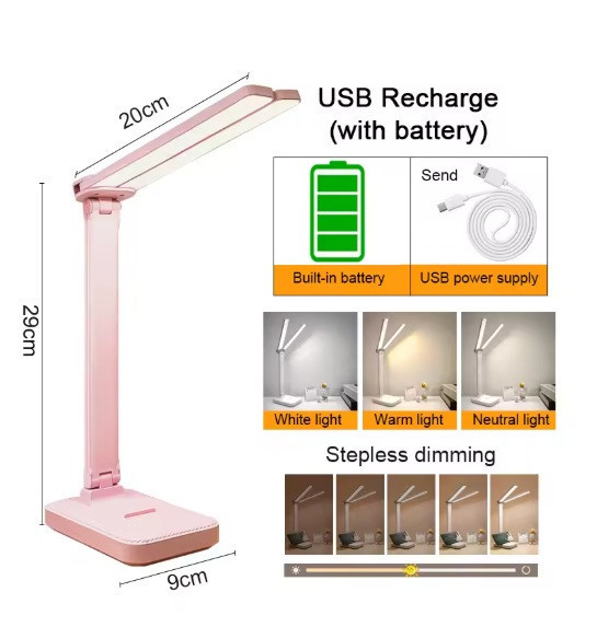 Настільна лампа зі акумулятором 2000 mAH, два плафона, сенсорним управлінням, поворотом на 180° Рожева Запоріжжя - фото 2