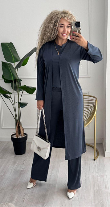 Женский базовый прогулочный костюм тройка: кардиган футболка и штаны трикотажный рубчик Графит, 46/48 Одесса - изображение 4