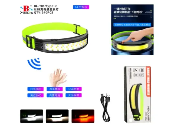 Ліхтар налобний Bailong BL-T01 Type-C із сенсорним датчиком, 3 режими світіння, потужний, зручний Одеса