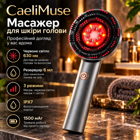 Масажер для шкіри голови CaeliMuse, червоне світло 630 нм, резервуар 6 мл, 3 режими, IPX7, 1500 мАг Київ
