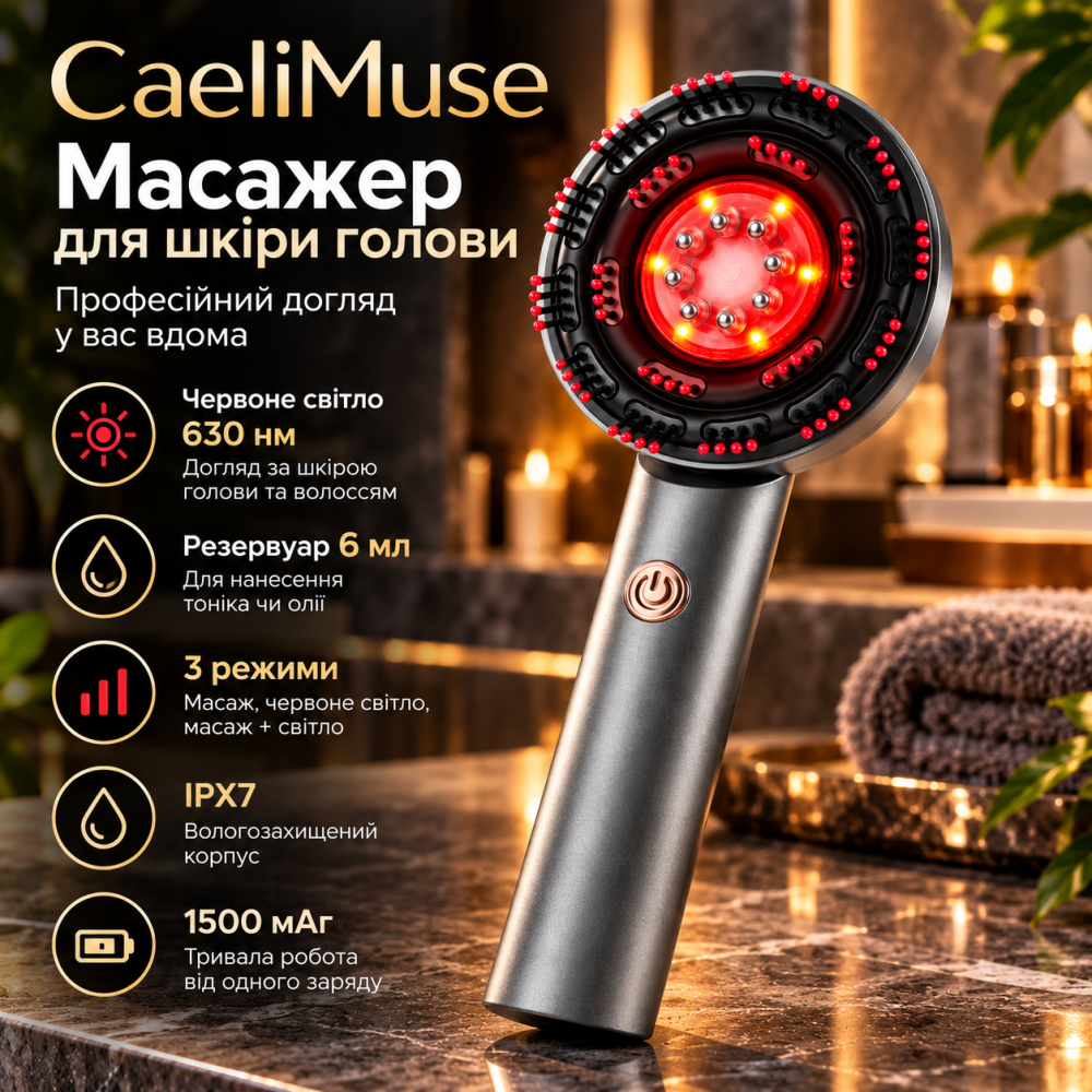 Масажер для шкіри голови CaeliMuse, червоне світло 630 нм, резервуар 6 мл, 3 режими, IPX7, 1500 мАг Київ - фото 1