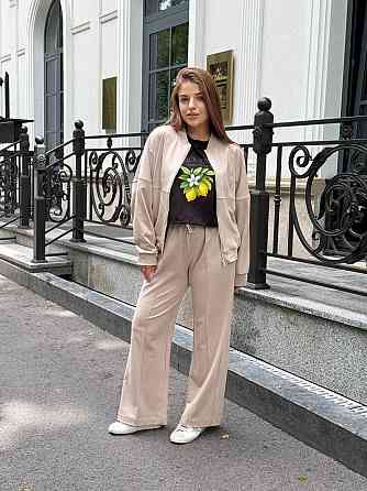 Женский костюм оверсайз с широкими брюками из двунитки Бежевый 50/52 Харьков