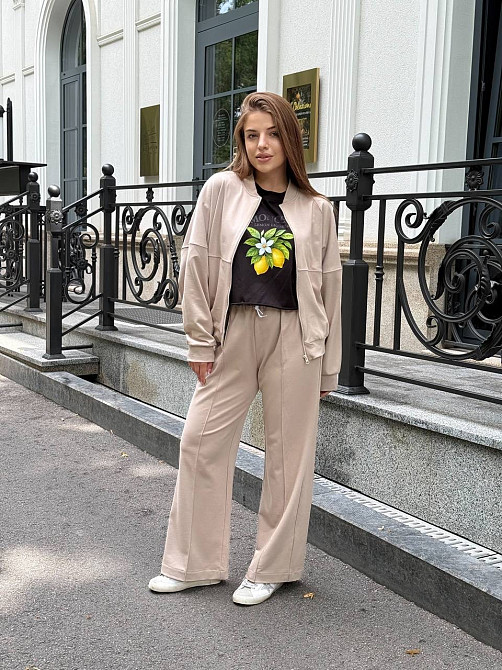 Жіночий костюм оверсайз з широкими штанами з двонитки Бежевий 50/52 Харків - фото 4