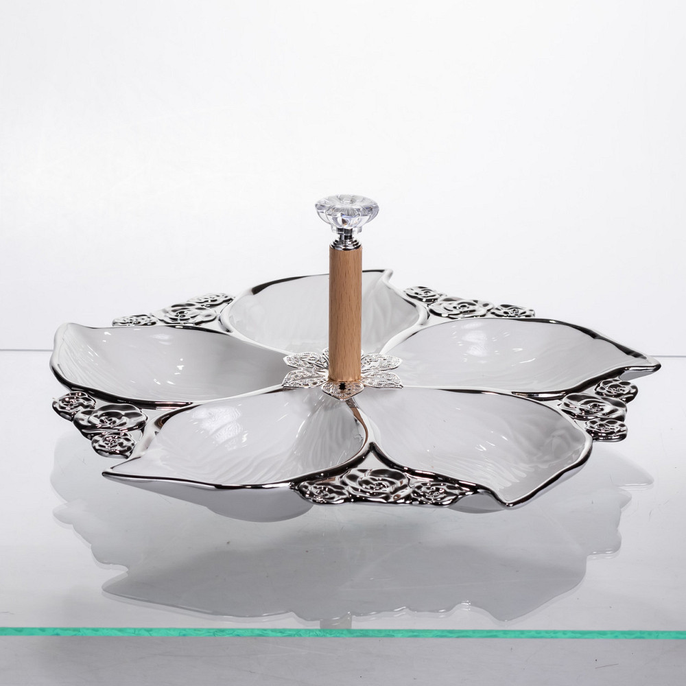 Менажниця порцелянова на 5 секцій для закусок тарілка менажниця 30×30×13 (см) Білий з сріблом 918-44S Коломия - фото 2