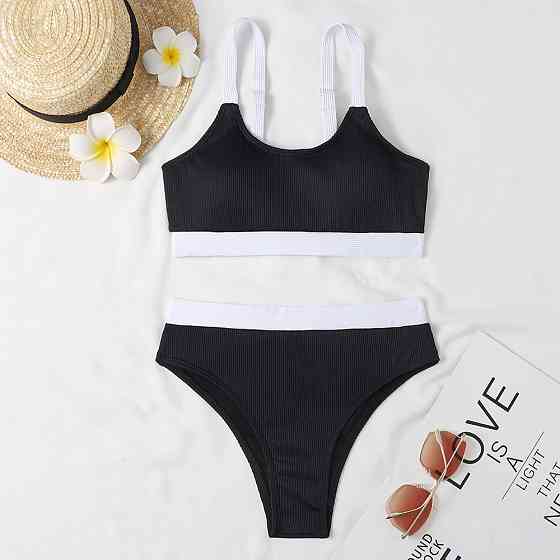 Купальник в рубчик роздільний з високою талією S чорно-білий Київ