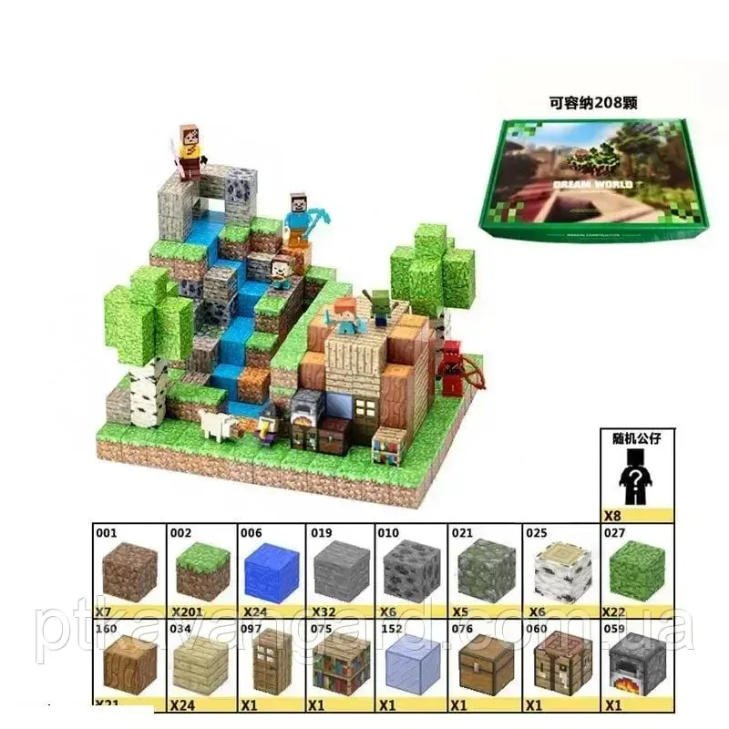 Магнитный конструктор Minecraft домик Стива возле водопада 355 магнитных блоков 8 фигурок Dream World LZCK 019 Хмельницкий - изображение 2