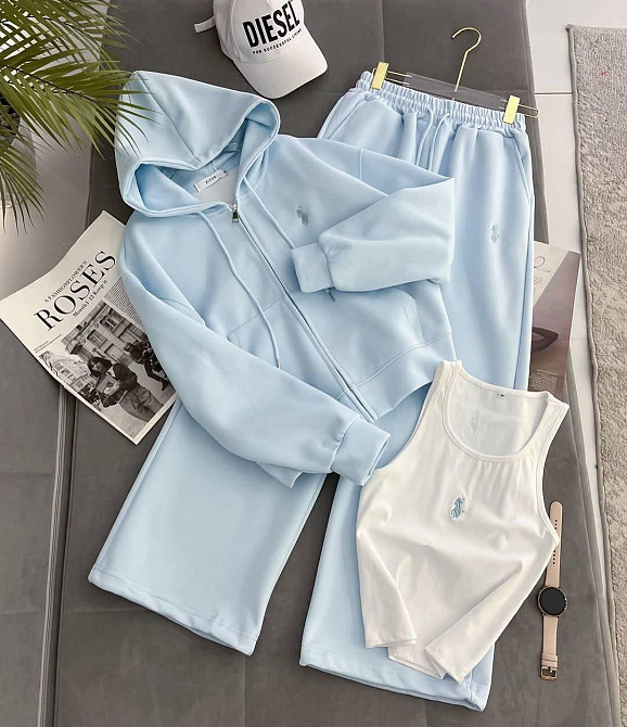 Женская стильная повседневная тройка из лого качественная дорогая двунитка. Голубой, L-XL Одесса - изображение 1