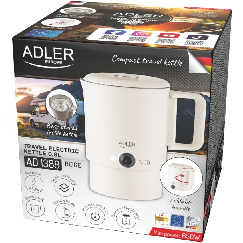 Електрочайник Adler AD 1388b дорожній 650Вт/ 0.8л/ подвійні стінки/ автовимкнення/бежевий Вінниця - фото 9