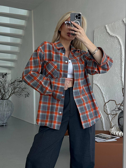 Жіноча трендова сорочка оверсайз у клітинку фланель Помаранчевий Одеса - фото 18