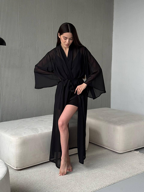 Довгий шифоновий халат Черный S-M Харьков - изображение 1