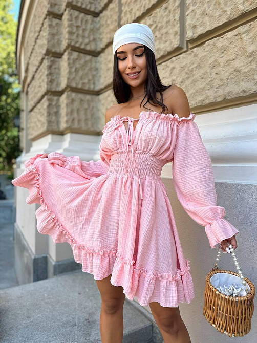 Женское летнее романтичное мини платье натуральный муслин Розовый, 42/44 Одесса - изображение 1