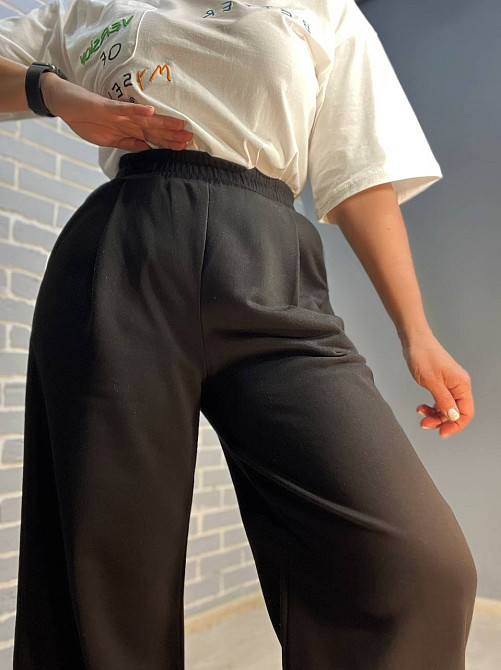 Брюки жіночі A-N 2333 широкі палаццо рівні від стегна талія на резинці щільний трикотаж чорні, чорний, M Київ - фото 16