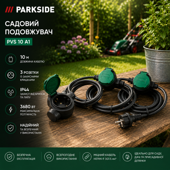 Уценка Садовый удлинитель Parkside PVS 10 A1 10 м, IP44, 3680 Вт, 3 розетки Киев