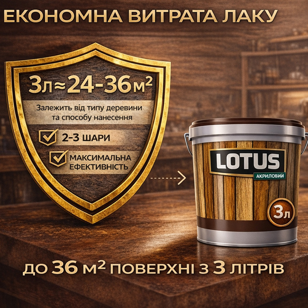 Лак для дерева кольоровий LOTUS Тік, глянцевий, без запаху, зносостійкий, для внутрішніх та зовнішніх робіт, 3 л Харків - фото 6