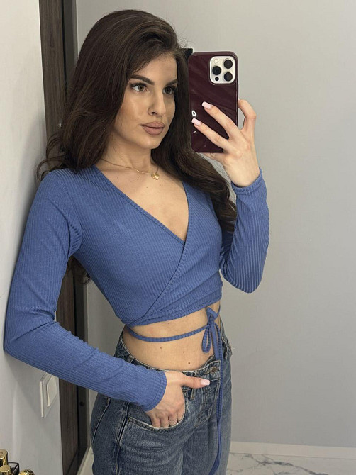 Жіночий базовий топ на запах із зав'язками на талії турецький рубчик Блакитний, 46 Одеса - фото 4