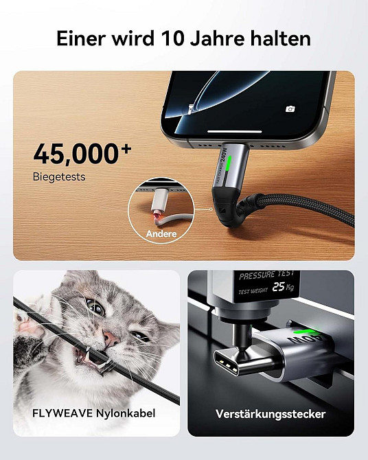 Кабель USB-C INIU 240W 2м×2 Чёрный нейлон PD быстрой зарядки 480Mbps для iPhone Samsung MacBook Киев - изображение 5