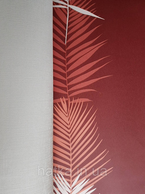 Шпалери вінілові Lutece Bensimon листя папороті білі теракотові рожеві на бордовому Київ - фото 2