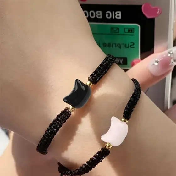 Парные браслеты с котиками – чёрный и белый, регулируемые 15–25 см Киев