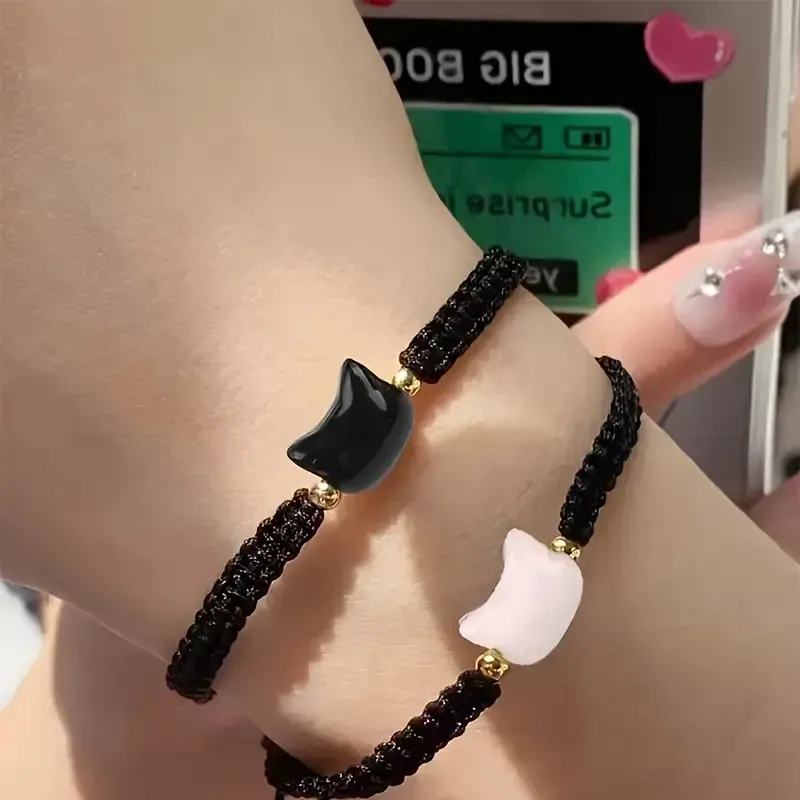 Парные браслеты с котиками – чёрный и белый, регулируемые 15–25 см Киев - изображение 3