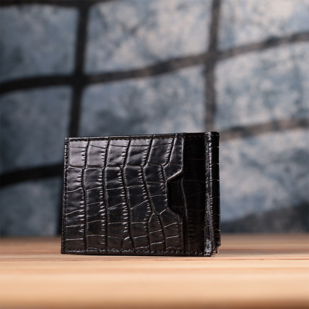 Удобный мужской зажим из натуральной фактурной кожи под крокодила KARYA 22886 Черный Киев - изображение 10