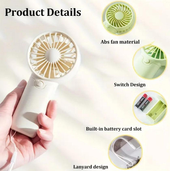 Портативный мини-вентилятор карманного размера на батарейках Ручной вентилятор для лета, путешествий Киев - изображение 3