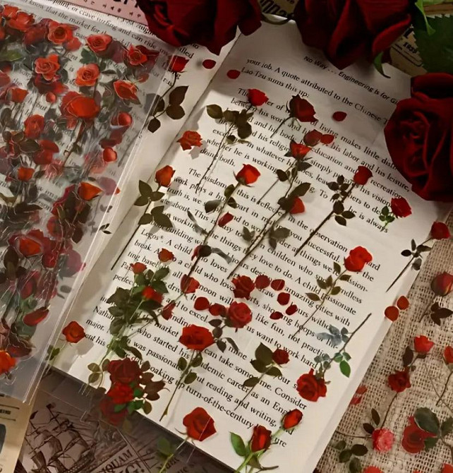 Глянцевые наклейки с красными розами, 6 листов, самоклеящиеся ПВХ-стикеры с блестящим покрытием для  Киев - изображение 1