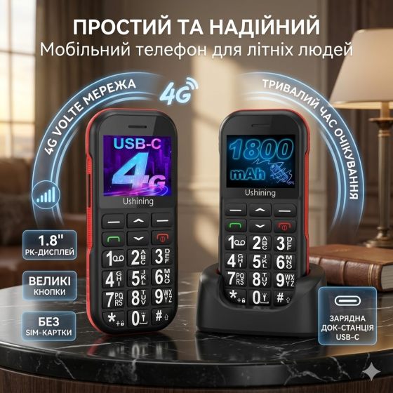 Мобильный телефон для пожилых людей You T190 Black: 4G VoLTE, большие кнопки, SOS, аккумулятор 1800 мАч, док-станция USB-C Киев