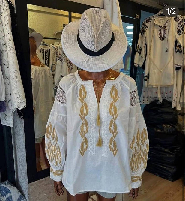 Женская стильная вышиванка с золотой вышивкой и с кружевными вставками 80% хлопок, 20% полиэстер. 46, Белый Одесса - изображение 1
