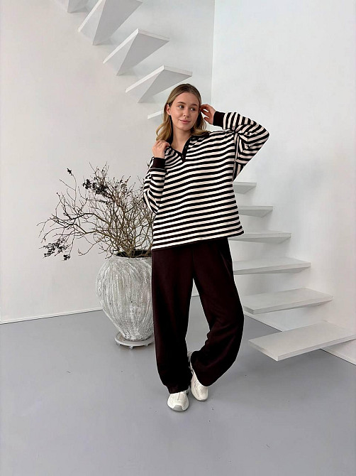 Женский стильный повседневный костюм поло на пуговицах, брюки палаццо тринитка. Шоколад Одесса - изображение 8