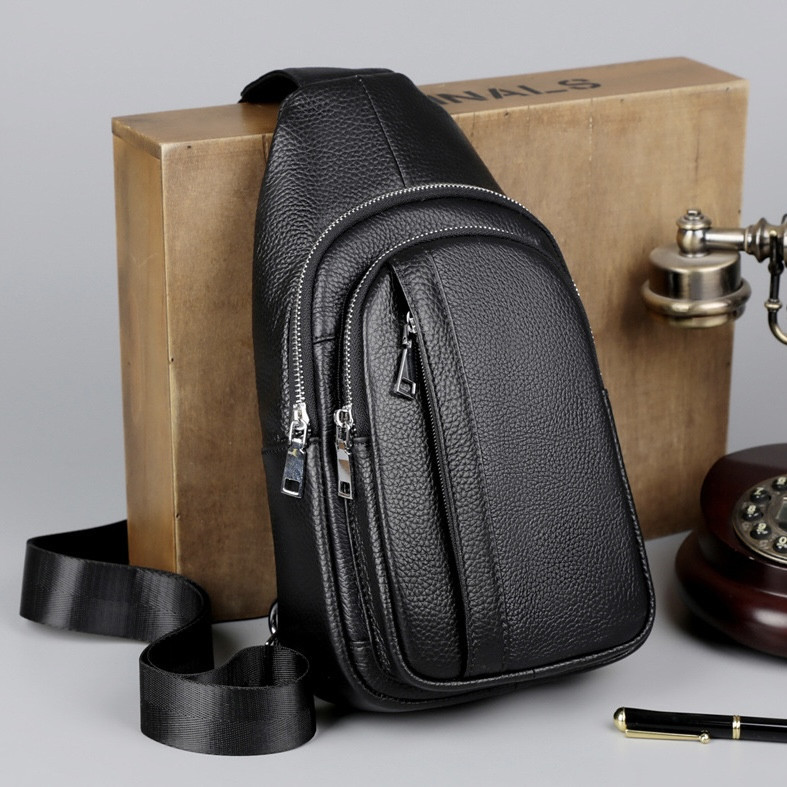 Чоловіча шкіряна сумка-бананка TIDING BAG чорна Киев - изображение 6