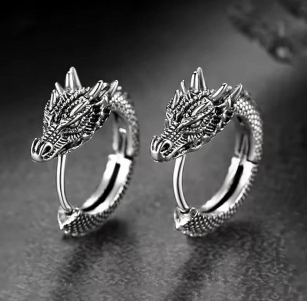 Сережки-кільця з головою дракона, сріблястий колір, пара Київ - фото 1