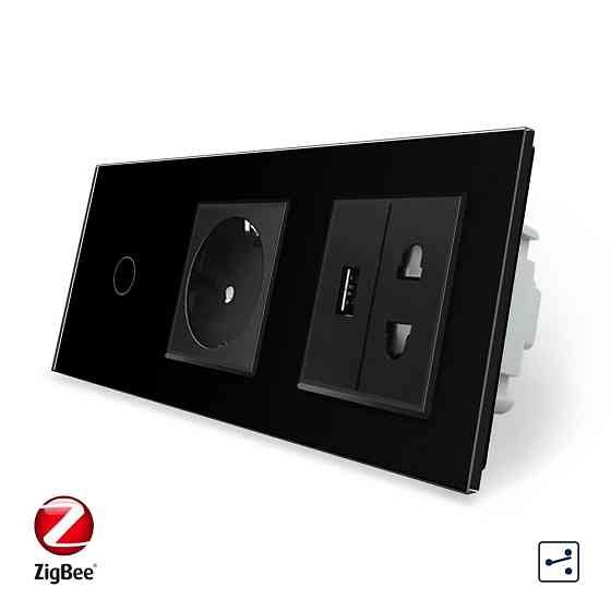Розумний сенсорний прохідний/перехресний вимикач 1 сенсор 1 розетка USB 1 розетка універсальна Livolo чорний скло (VL-C701SZC1EU1USBC1A-12) Коломия