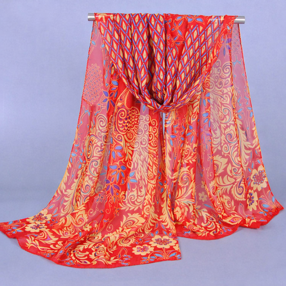 Женский шифоновый шарф с орнаментом 150 на 45 см красный Киев