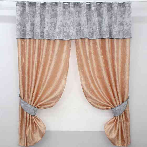 Кухонные шторы VR-Textil № 073к с ламбрекеном и подхватами персиковый со светло-серым 275х170 см (52-0138) Киев