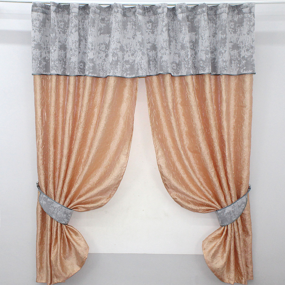 Кухонні штори VR-Textil № 073к з ламбрекеном і підхватами персиковий з світло-сірим 275х170 см (52-0138) Київ - фото 1