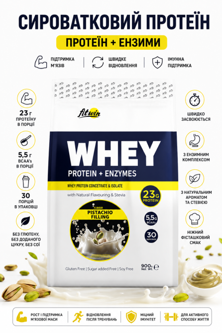 Сывороточный протеин FitWin Whey Protein + Enzymes 900 гр Фисташковая начинка Киев - изображение 7