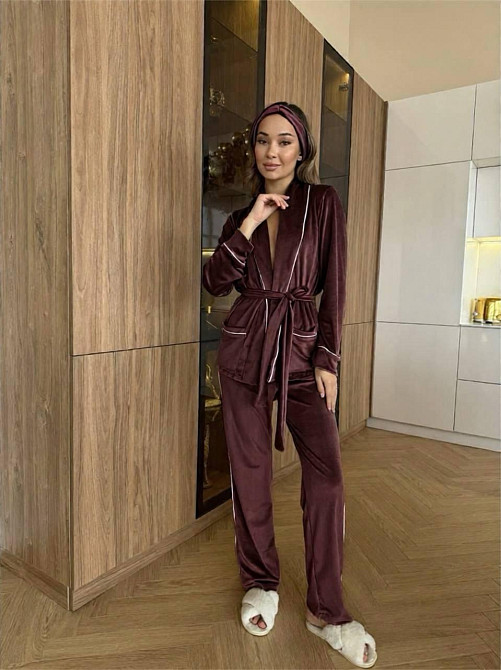 Женская уютная пижама: халат-кимоно, штаны + повязка на голову велюр Шоколад, 46/48 Одесса - изображение 6