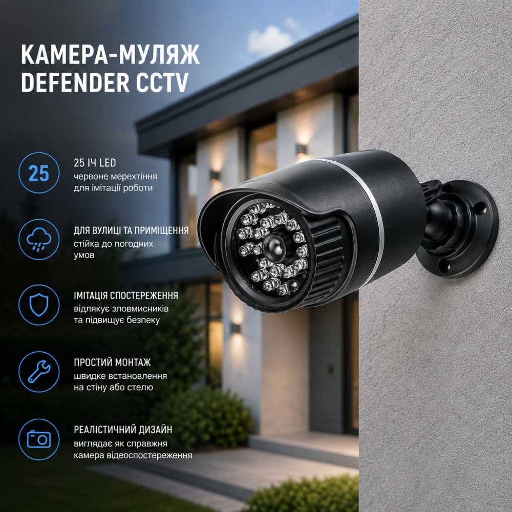 Камера-муляж Defender CCTV с 25 ИК LED, фальшивая камера видеонаблюдения для улицы и помещения, черная Киев - изображение 10