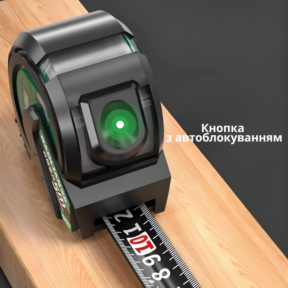 Рулетка будівельна вимірювальна 3м, прогумована з метричною шкалою з автоматичним замком, протиударна чорно-зелена Кам'янець-Подільський - фото 3